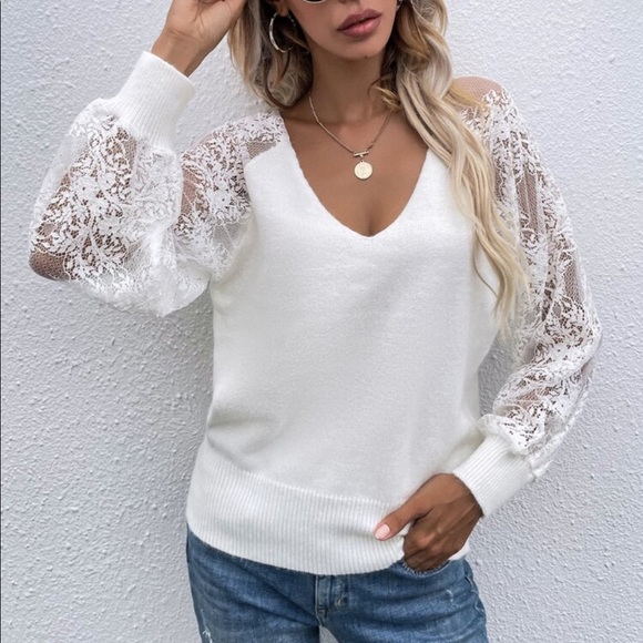 Boho Floral Sheer Mesh Lace Sleeve Plunge V neck Top Sweater - Picture 4 of 12